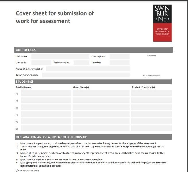 Example of Swinburne Cover Sheet- GoAssignmentHelp